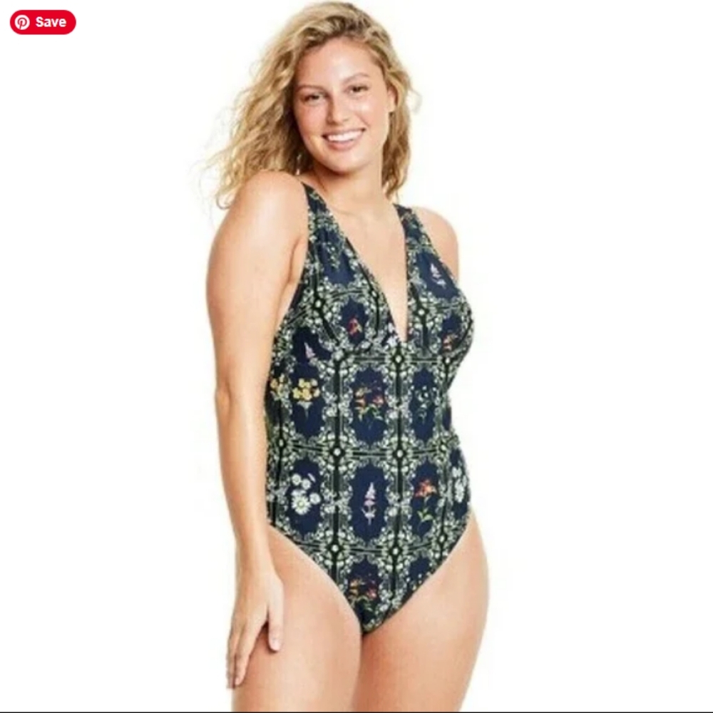 NWT Agua Bendita X Target Swim Suit | Navy Blue Floral Tile Cheeky One-Piece